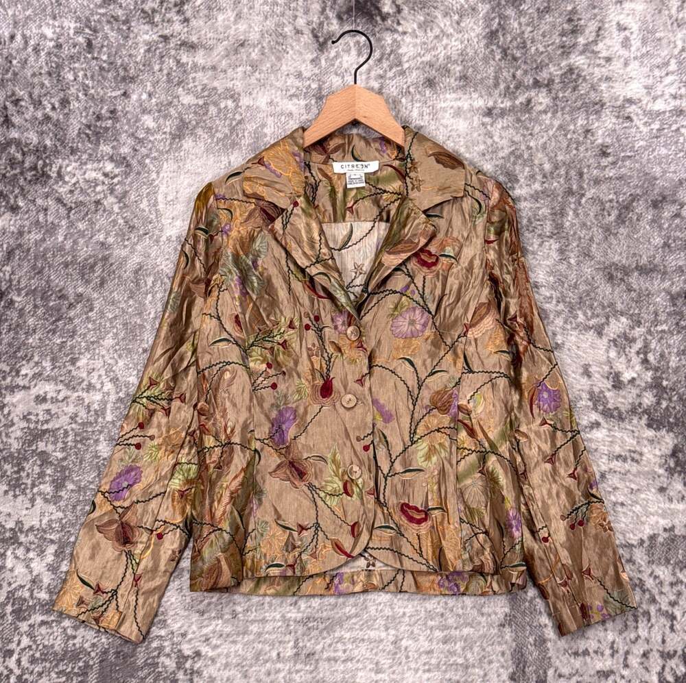 Citron Santa Monica Jacket Small Womens Silk Linen Embroidered Gold
